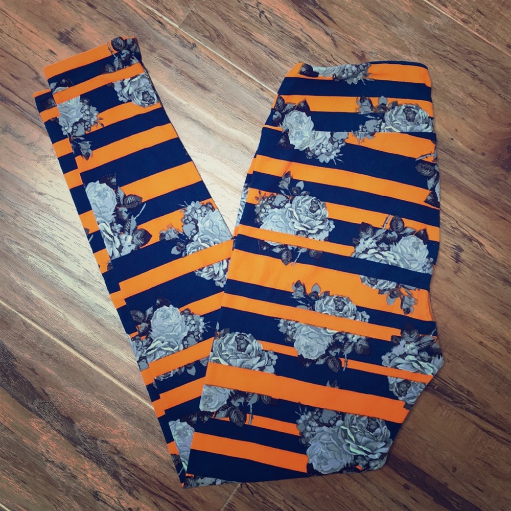 LuLaRoe OS orange and navy leggings